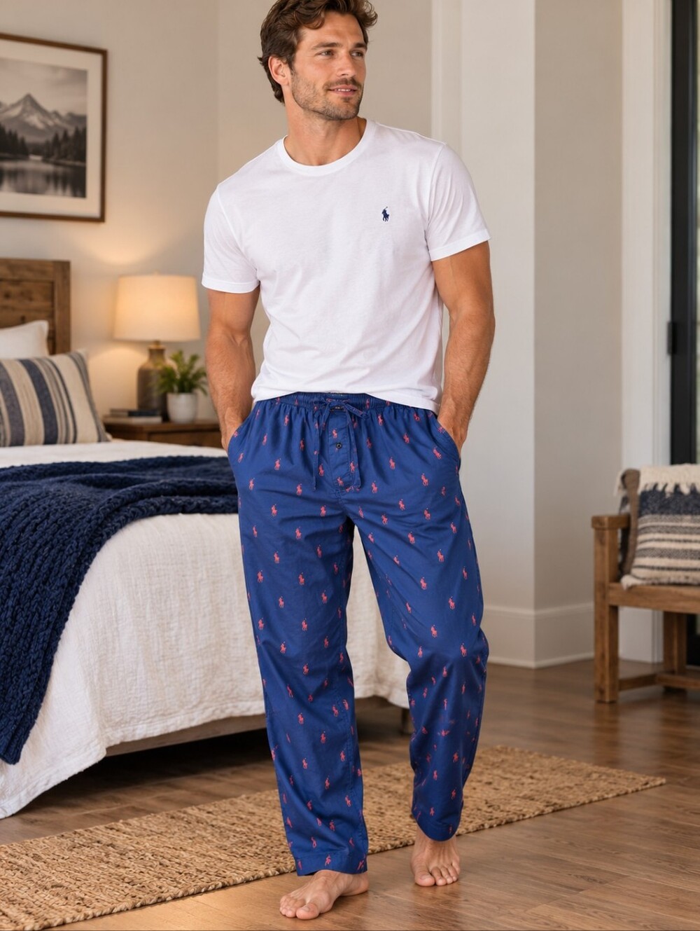 Lot Of 2 Polo Ralph Lauren Pajama Pants Men Med Pony Logo Print Cotton Sleepwear